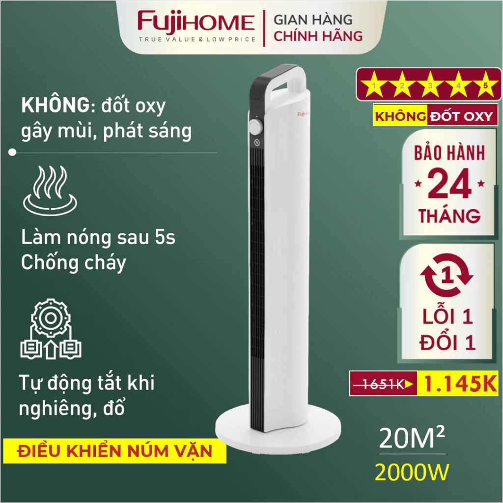 Máy sưởi gốm FUJIHOME FH2000M Nhập Khẩu không khô da, quạt sưởi ấm phòng tiết kiệm điện