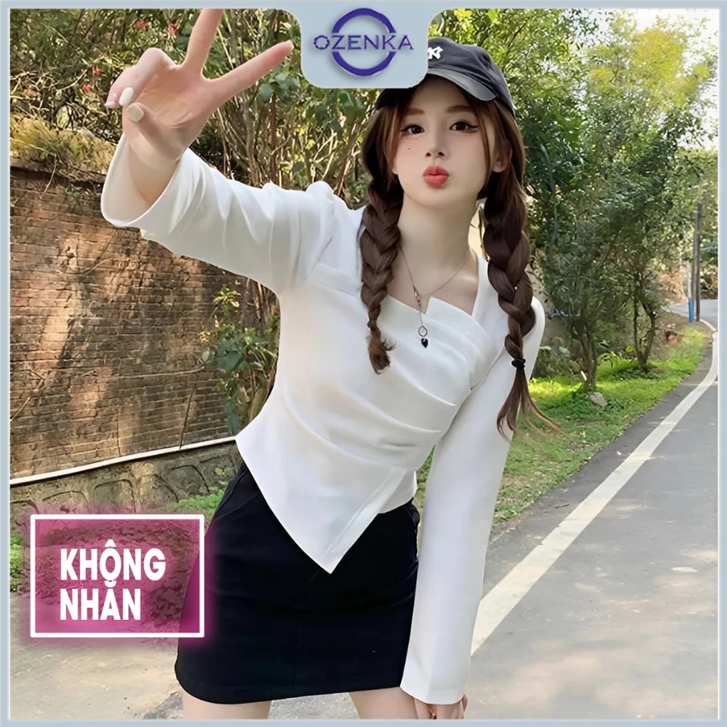 Áo croptop cổ vuông tay dài vạt lệch ly eo đẹp nữ ozenka , áo crt kiểu sành điệu sang chảnh nữ mặc đi học đi chơi