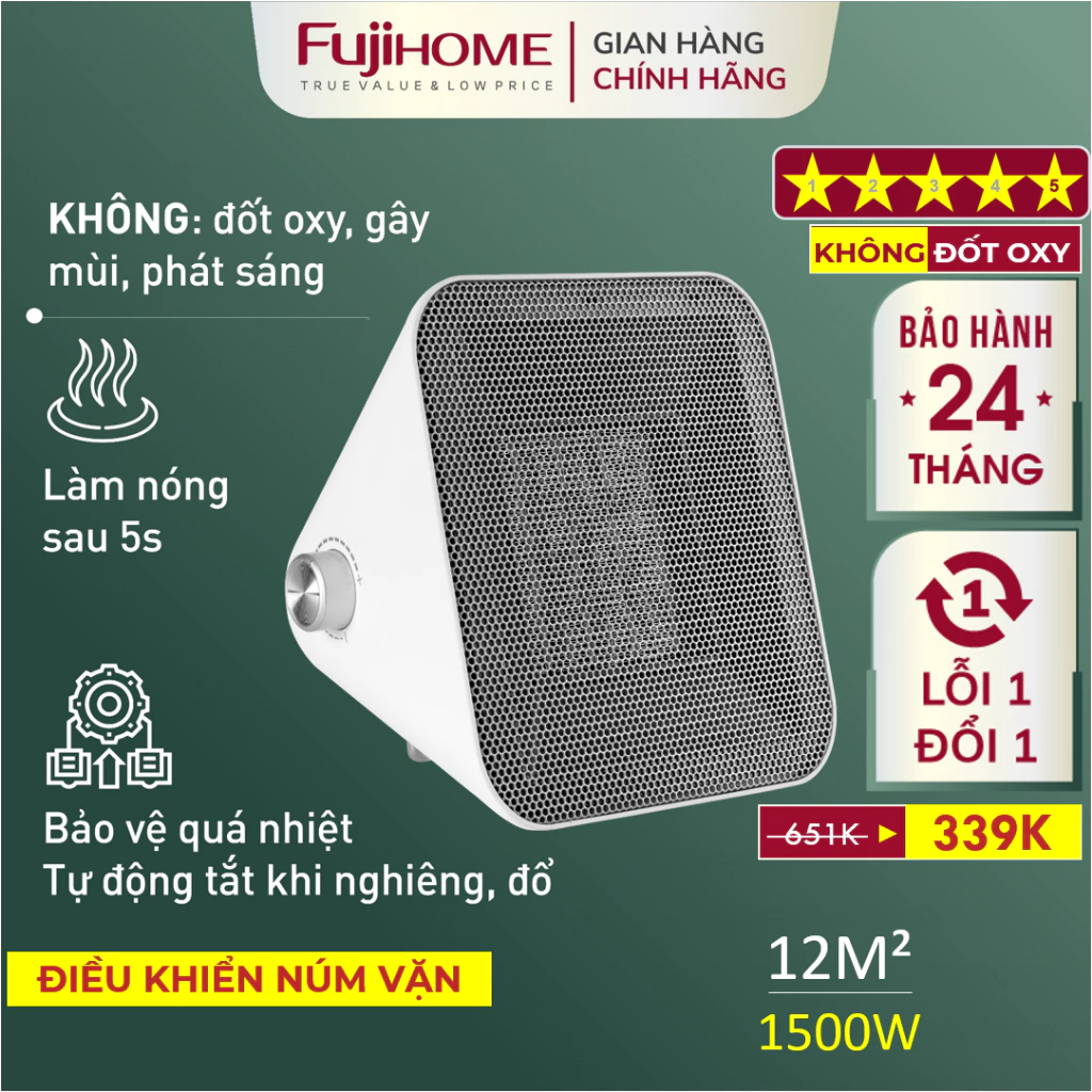 Quạt sưởi gốm FH1100 Nhập Khẩu không khô da FUJIHOME, máy sưởi ấm điện mini không đốt oxy cho bé