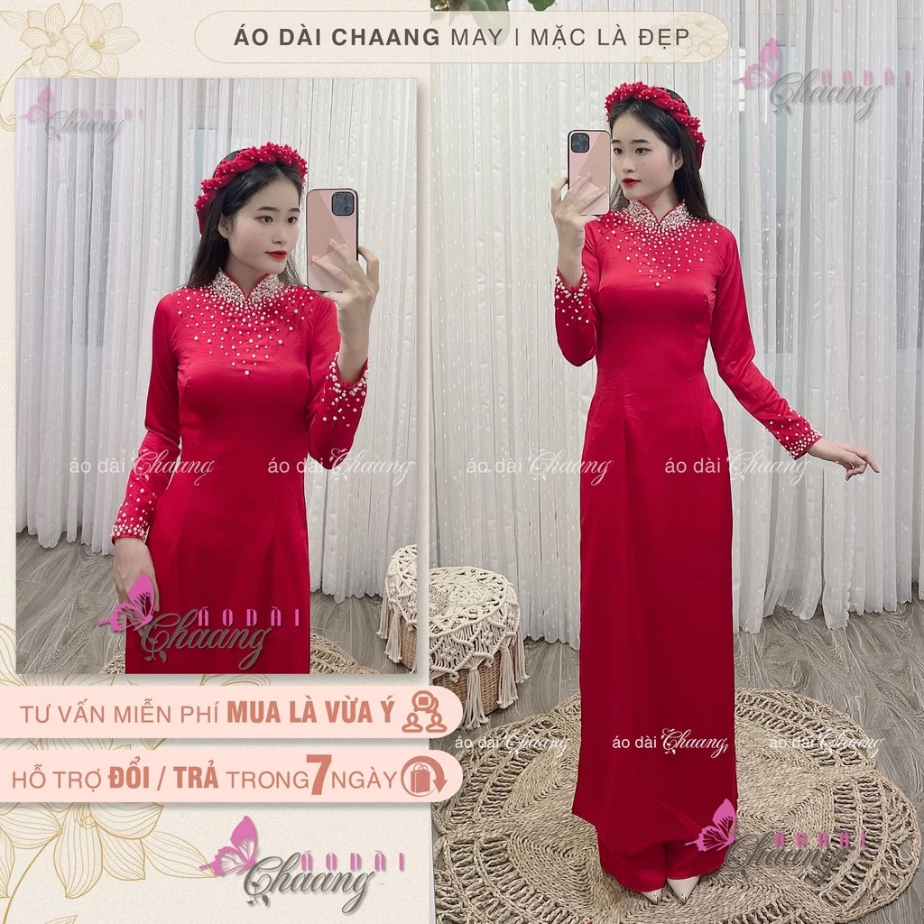Áo Dài Cưới Cô Dâu Truyền Thống CHAANG May Thiết Kế 4 Tà Lụa Đính Tủa Ngọc Đẹp ADC422