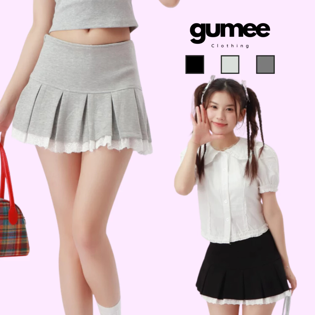 Chân váy xếp ly kiểu Hàn Gumee, chân váy ngắn nữ xòe  tennis phối ren bồng bềnh chất nỉ Hàn - GCV