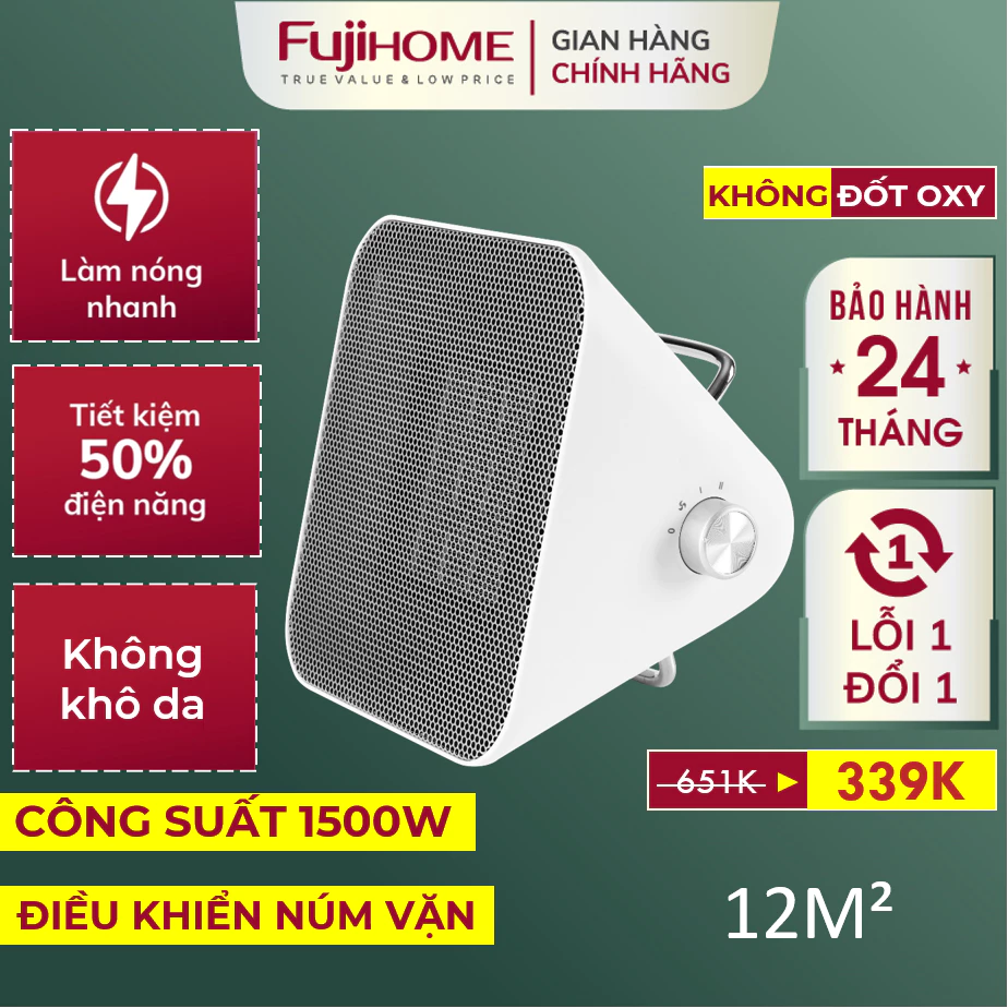 Quạt sưởi gốm Nhập Khẩu FH1100 FUJIHOME không khô da, máy sưởi ấm điện mini cầm tay không đốt oxy cho bé