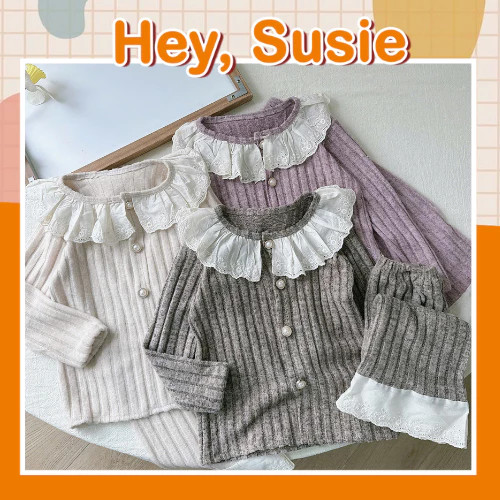 Bộ Đồ Bé Gái Chất Liệu Len Cúc Ngọc Cổ Bèo Ren Size 8-18kg Hey Susie S6581