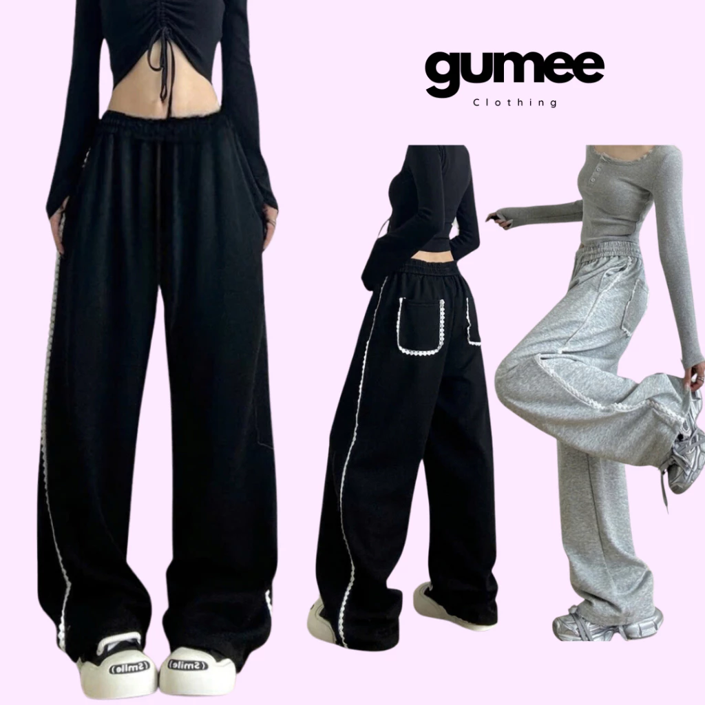 Quần ống rộng nữ phối ren Gumee, quần dài dáng suông cạp chun chất nỉ cotton thể thao kiểu Hàn -GQ5