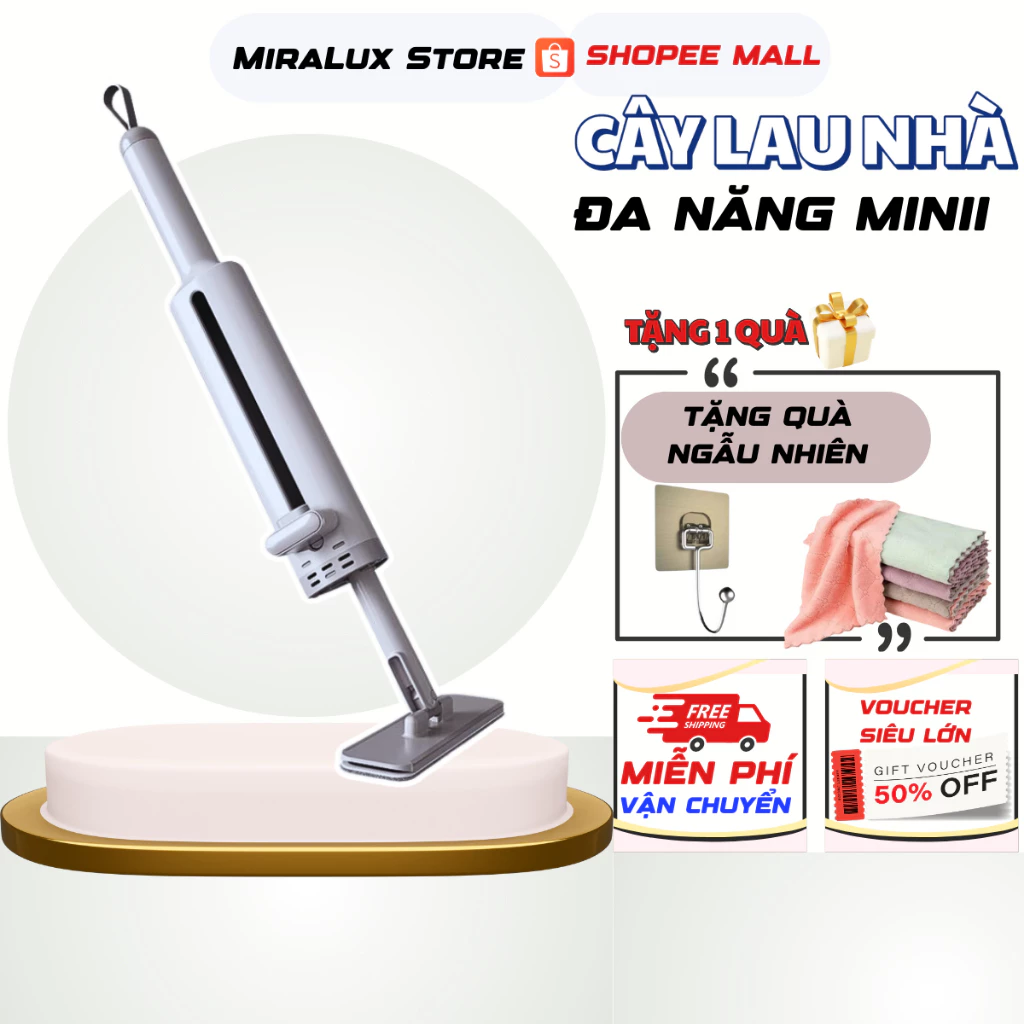 Cây lau nhà đa năng mini VƯỢNG PHÁT GROUP, cây lau nhà tự vắt đầu xoay 180 độ. Lau bàn bếp, xe hơi, nhà tắm tiện dụng