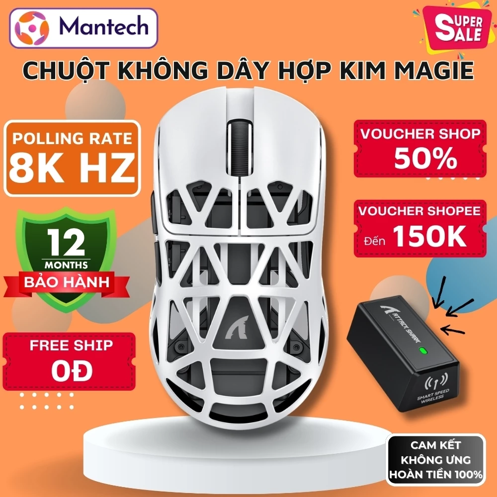Chuột Không Dây Khung Magie Attack Shark R2  Trọng Lượng 48G Siêu Nhẹ Tặng Kèm Grip tape + Feet