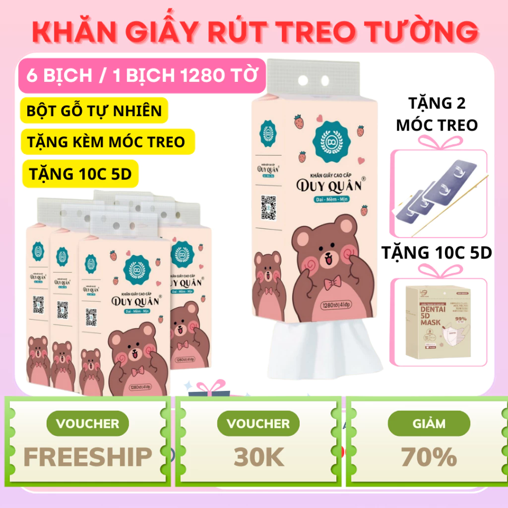 COMBO Thùng 6 bịch khăn giấy rút DUY QUÂN treo tường Phiên Bản Mới,hàng Việt Nam chất lượng cao