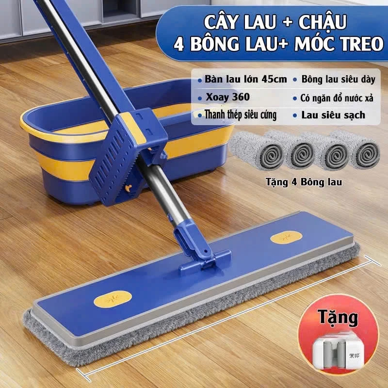 Cây lau nhà tự vắt 7 Món KÈM CHẬU PVL Cao Cấp bàn lau lớn tiện lợi chổi lau nhà lau khô đa năng cây lau nhà vắt phẳng