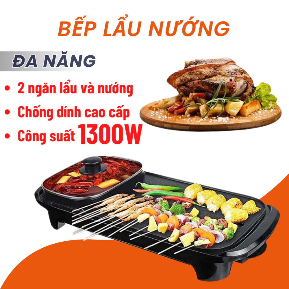 Bếp Lẩu Nướng Đa Năng 2 In 1 Công Suất 1300W Siêu Chống Dính, Dễ Dàng Vệ Sinh