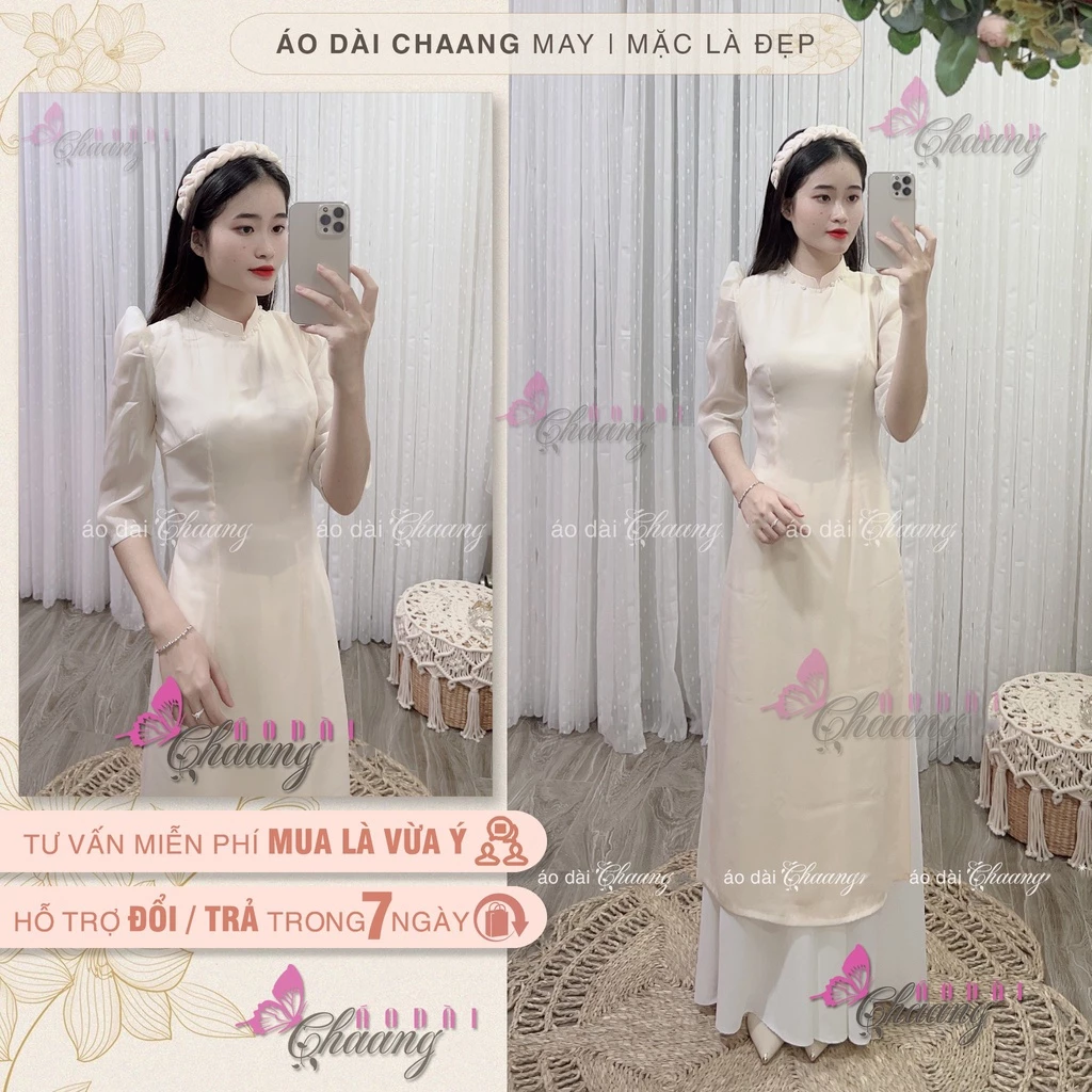 Áo Dài Cách Tân Nữ 4 Tà Tơ Da Tay Bồng Đính Ngọc Lụa Xước Đẹp Chaang013