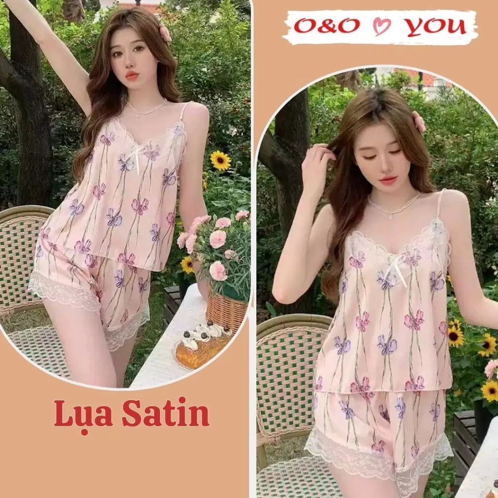Bộ quần áo ở nhà, đầm ngủ nhà 2 dây ren lụa tơ hàng quảng châu cao cấp A666 O&O thoáng mát