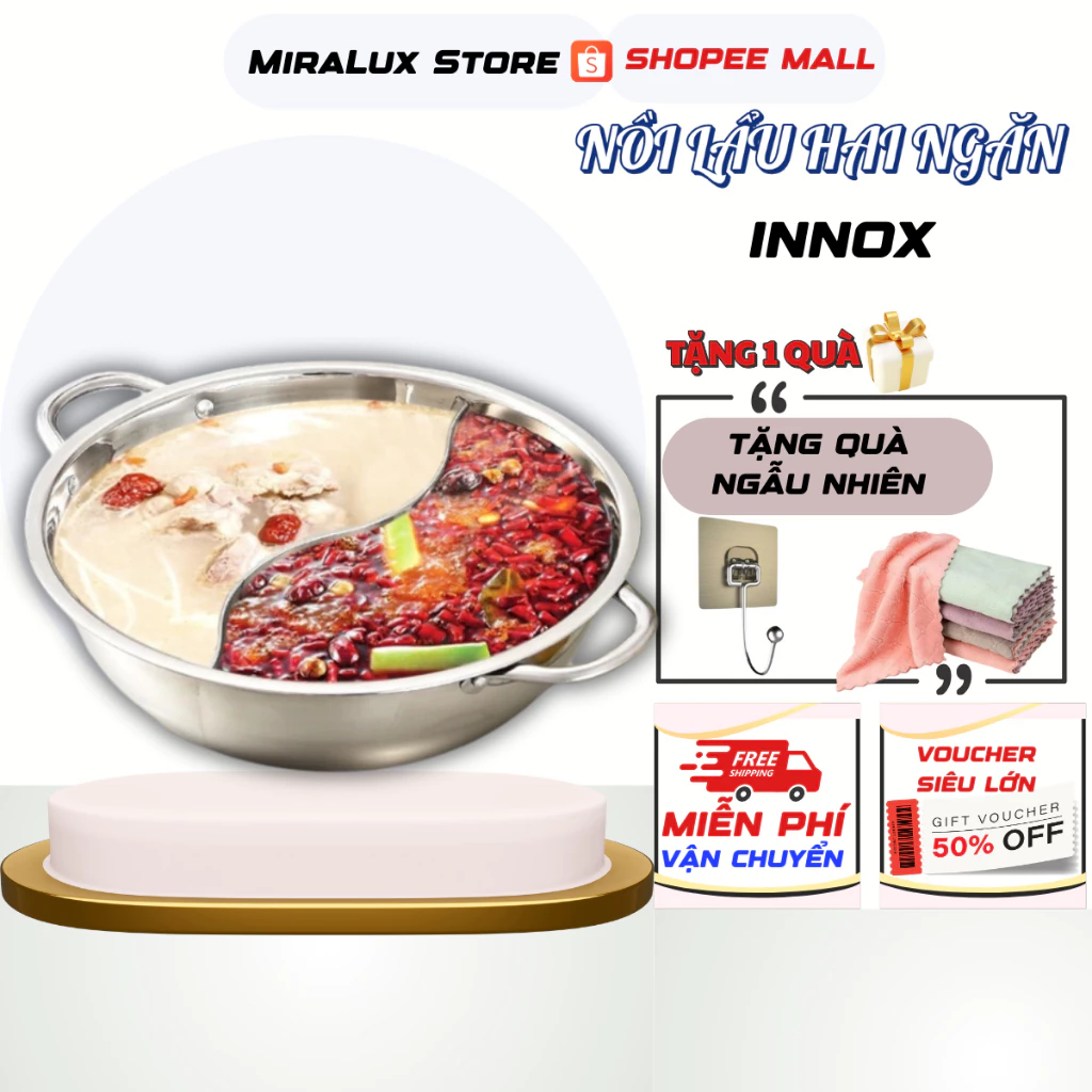 Nồi Lẩu Inox 2 Ngăn 32cm Nấu Được Bếp Từ Và Bếp Gas Có Nắp Kính Hàng Chính Hãng Chất Lượng Cao VƯỢNG PHÁT GROUP