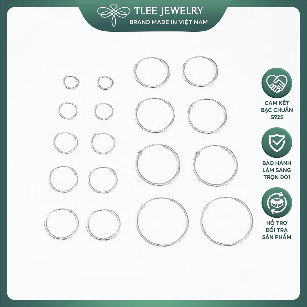 Khuyên tai bạc TLEE tròn trơn nhiều size có chốt basic B0278