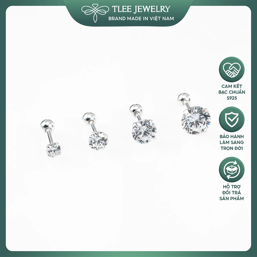 Bông tai bạc TLEE nam nữ nụ đá 925 chốt ren vặn nhiều size cá tính TLEE JEWELRY B0338