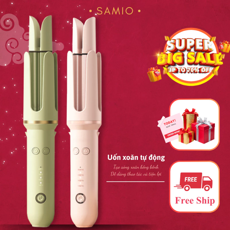 Máy Uốn Tóc Xoăn Tự Động Trục 32mm Xoay 360 Độ Bản Cao Cấp, Máy Làm Xoăn Tạo Kiểu Tóc Vỏ Gốm Bảo Vệ Tóc - Samio