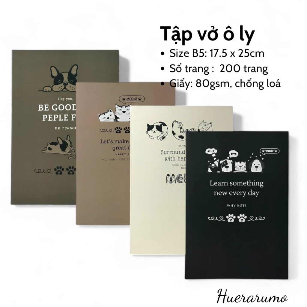 Vở ô ly B5 200 trang HUERARUMO, gáy khâu chỉ bước dài dấu ngoài, giấy cao cấp định lượng 80gsm, in offset.