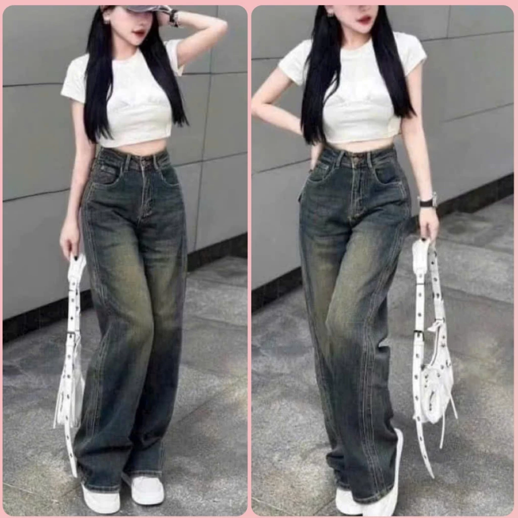 Quần jeans nữ ống suông chắp viền cao cấp cạp cao, quần bò nữ suông màu xanh bụi phong cách hàn quốc