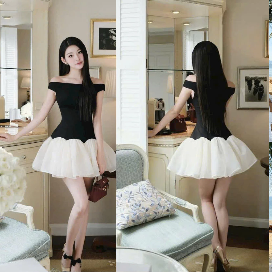 Đầm Body Trễ Vai Thiết Kế Tùng Xoè, Đầm Váy Bẹt Vai 2 Tông Màu Đen Đỏ Đuôi Bí Phồng Tiểu Thư Hợp Đi Tiệc, Chơi Tết, Noel