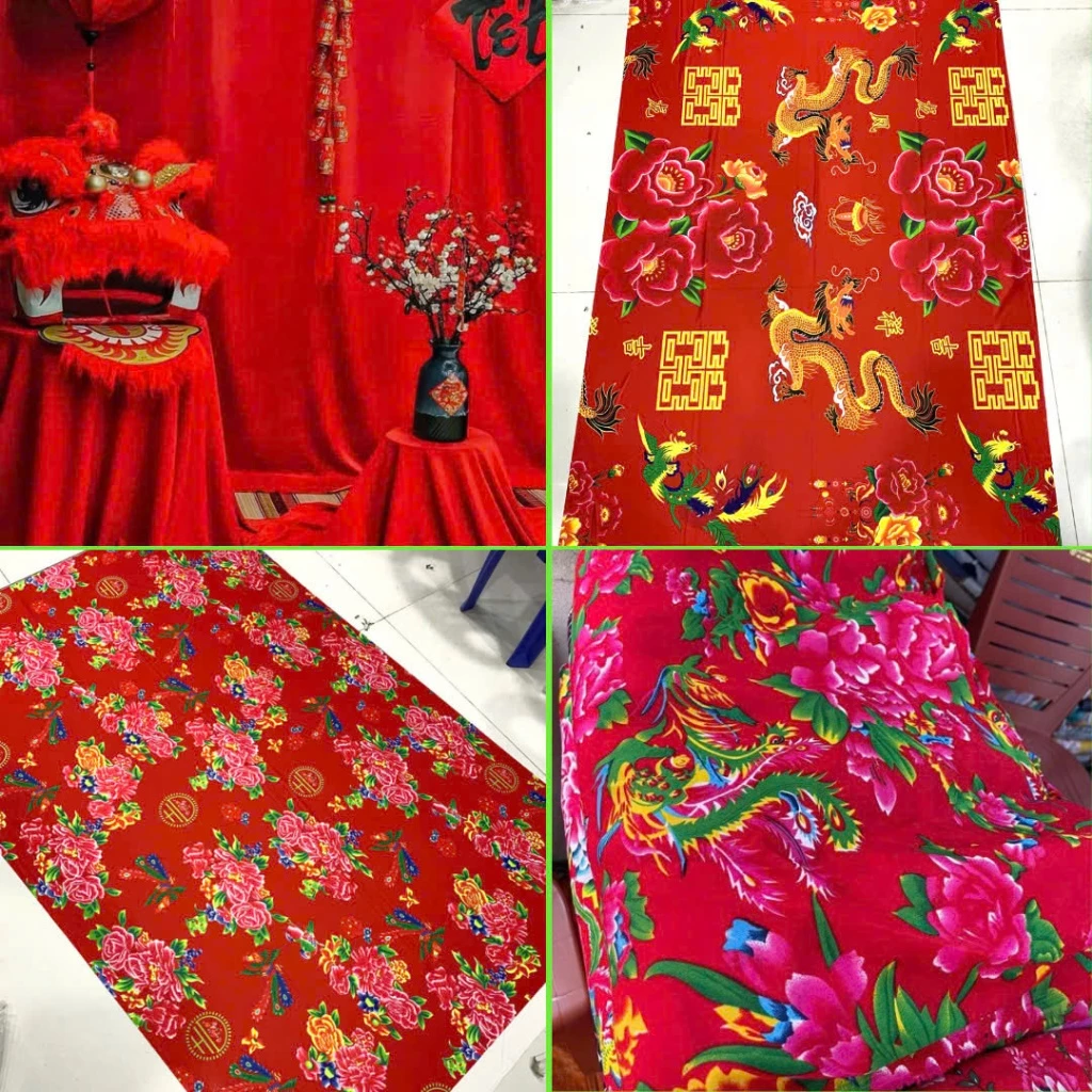 Vải chăn con công đơn trang trí chất thun lạnh Thảm nền chụp hình lụa đỏ trang trí tết rèm cửa may quần áo khổ 1 - 4m K0