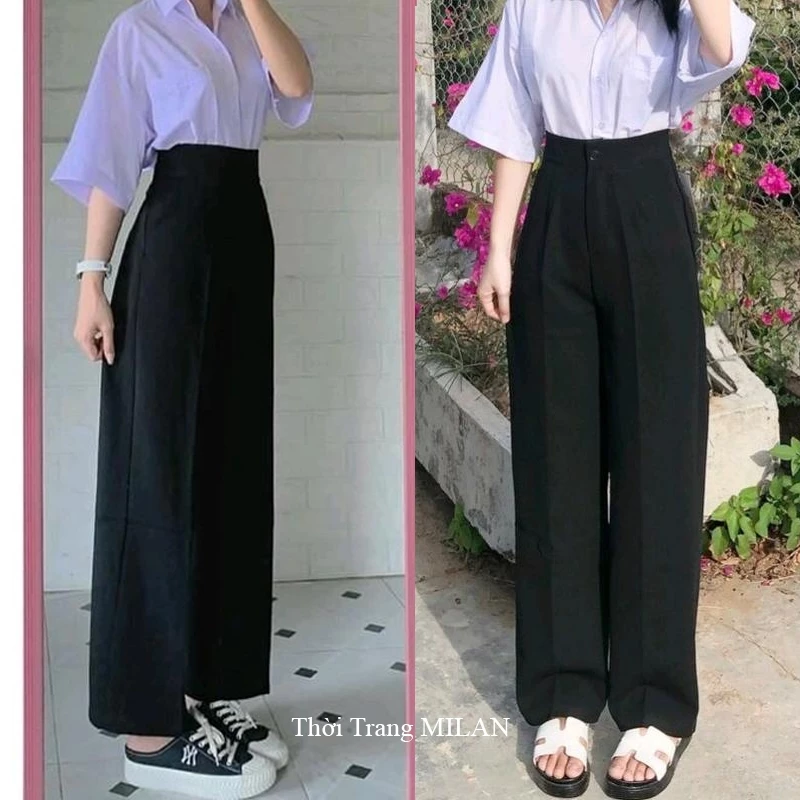 (HOT ĐEN, XANH ĐEN)Quần ống rộng đi học nữ lưng cao M604 khóa giữa sườn hông -Quần ống suông cạp cao học sinh đáy cao
