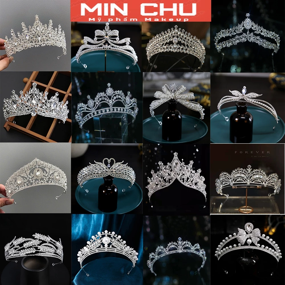 Vương miện cài tóc cô dâu đính đá pha lê cao cấp, vương miện đính hạt trai cô