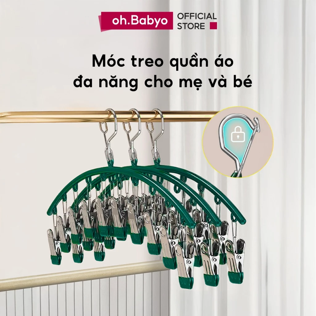 Móc Treo Quần Áo Tất Vớ Đa Năng Cho Bé ohBabyo Mắc 10 Kẹp Treo Đồ Lót Người Lớn Trẻ Em Chống Gió