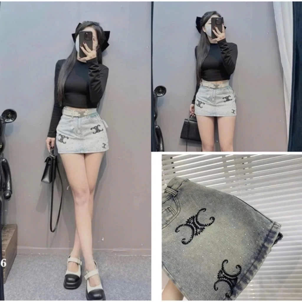Chân váy jean đính đá, chân váy jean ngắn, chân váy jeans đính đá thêu chữ X chất liệu chân váy bò cao cấp