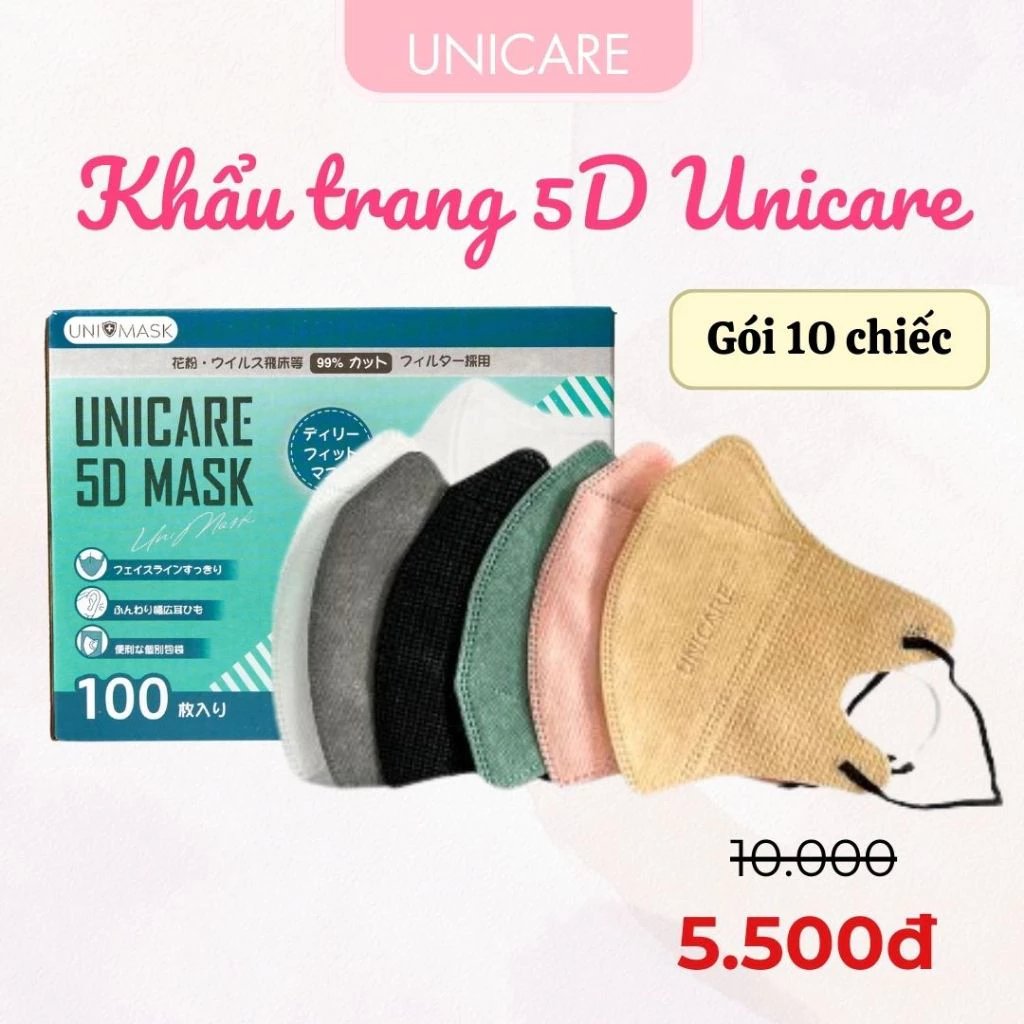 [ Gói 10 Chiếc ] Khẩu trang 5D UNICARE khẩu trang y tế 3 lớp thế hệ mới chống bụi mịn, kháng khuẩn, thời trang cao cấp