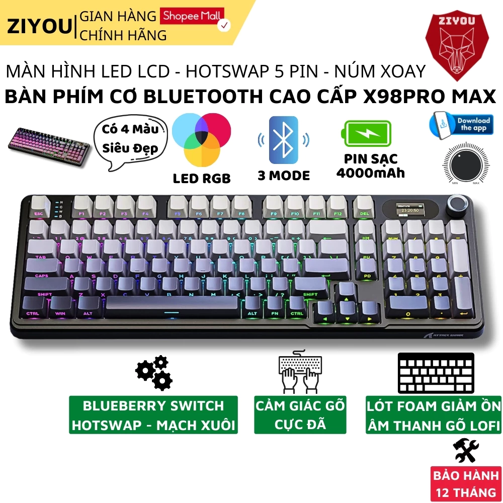 Bàn Phím Cơ Máy Tính Không Dây Ziyou Attack Shark X98 PRO MAX 3 Mode, Màn Hình LCD, LED RGB