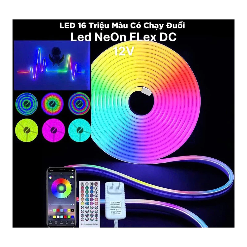 Đèn Led Neon Flex DC 12V + Nguồn , Remote Điều Chỉnh APP - Đèn led chạy đuổi ARGB uốn dẻo chống nước