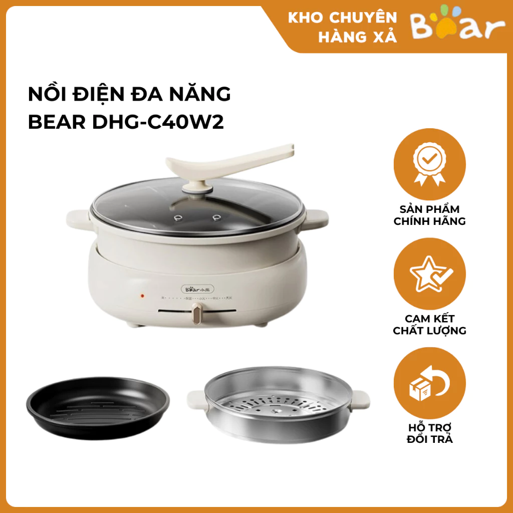 Nồi điện đa năng Nồi hấp Bear DHG-C40W2 lòng sâu, 5 lỗ thoát khí, tay cầm chống trượt, công suất lớn, dung tích 4L