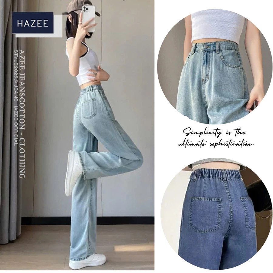 Quần Jean Nữ Cạp Cao Ống Suông nhẹ HAZEE – Cạp khóa + Lưng chun Tôn Dáng, Co Giãn, Style Hàn Quốc