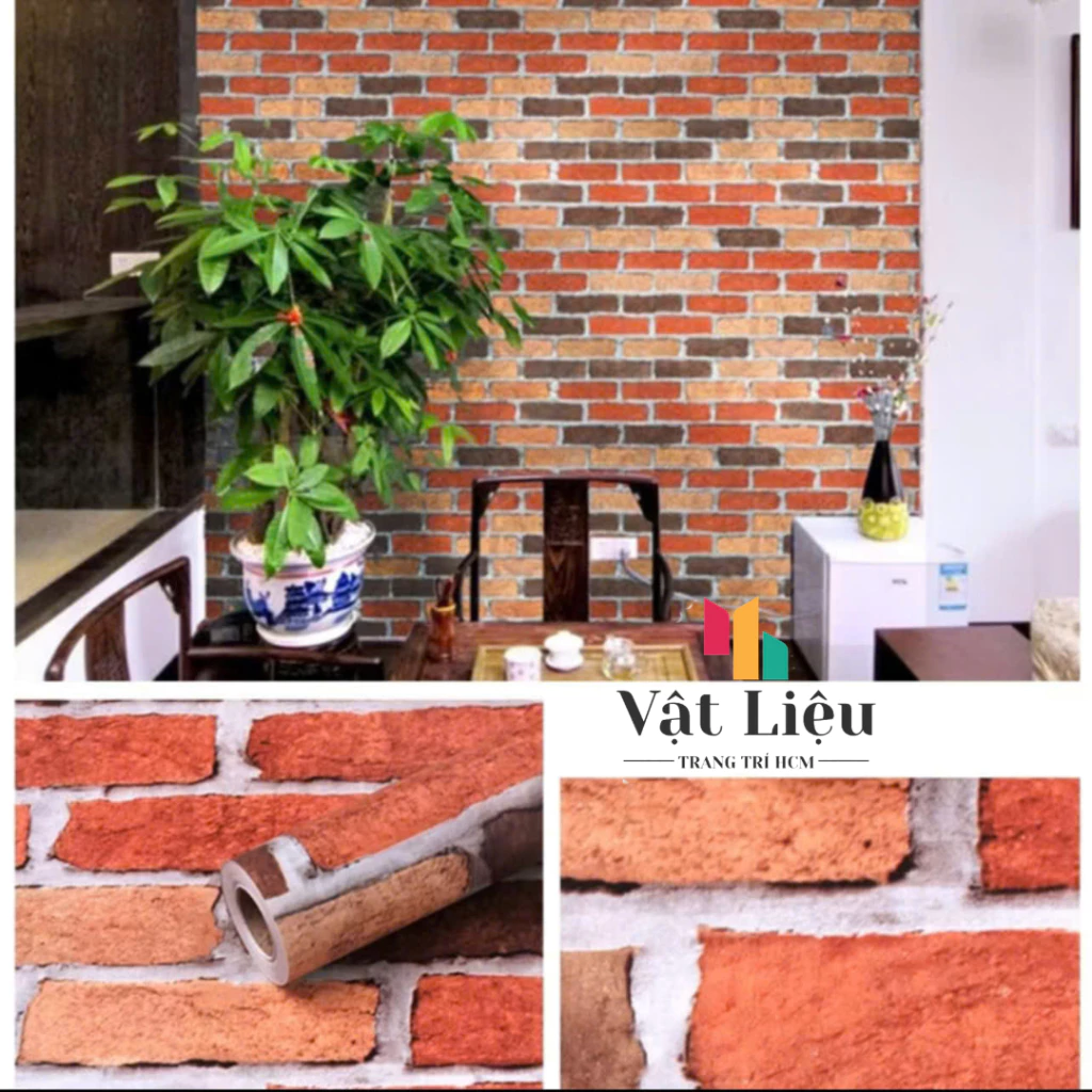 cuộn 10m giấy dán tường giả gạch đỏ (có keo sẵn)