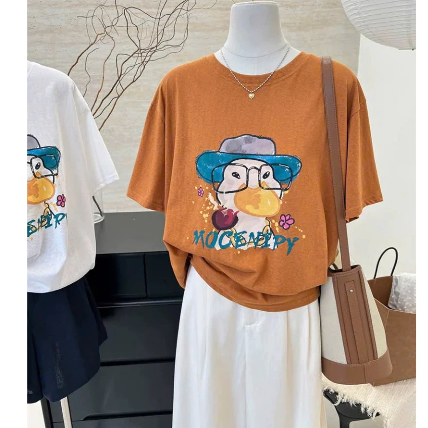 Áo Phông Nữ Cổ Tròn Chất Cotton Dáng Rộng Thời Trang Menina Hàn Quốc