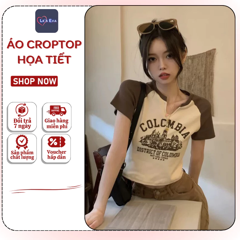 Áo croptop Colom ôm body tay ngắn cổ V siêu hack dáng, áo thun dáng ngắn mùa hè 113 - LEEVA STORE