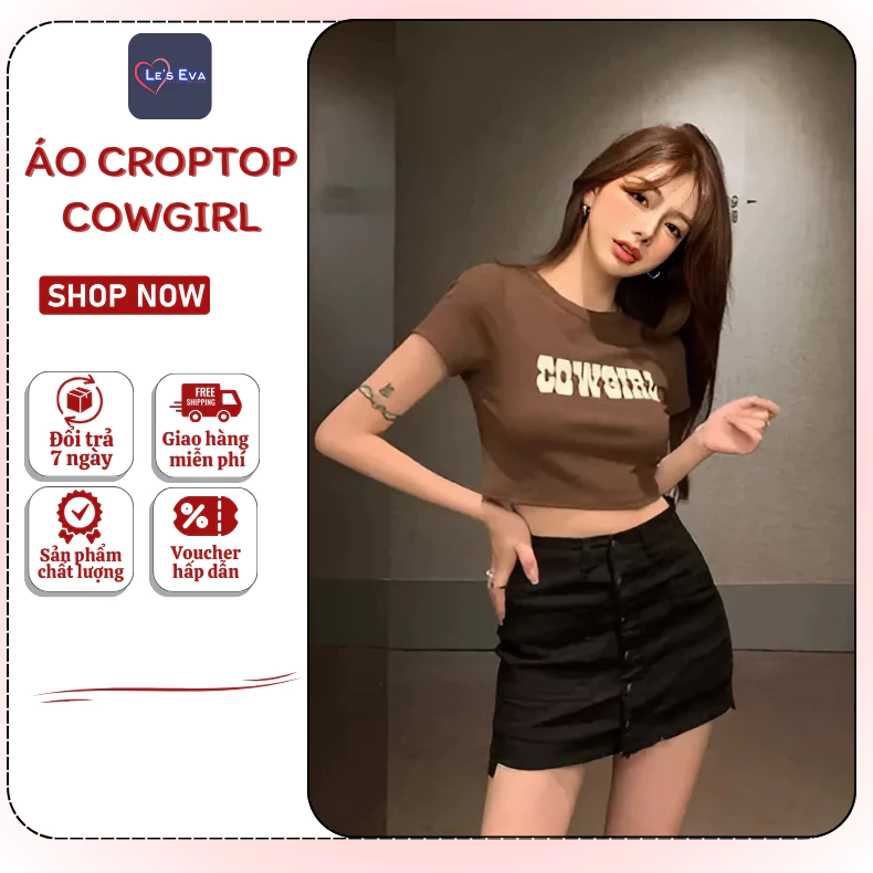 Áo thun nữ dáng ngắn, áo croprop cổ tròn tay ngắn, in chữ cowgirl  phong cách retro dành cho nữ -385