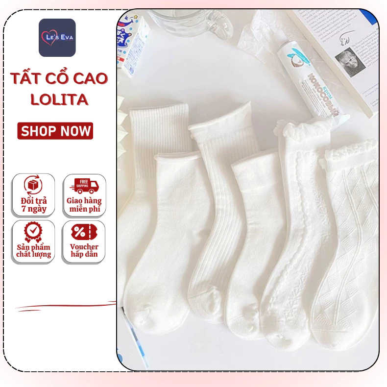 Tất nữ cổ cao phong cách lolita dễ thương,tất hoa nhí nữ tính, chất liệu cotton thoáng khí - T14