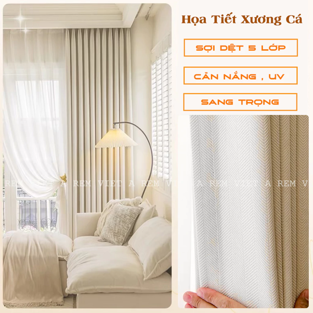 Rèm Vải Thô Họa Tiết Xương Cá - Chất Vải Cao Cấp, Mềm Mại, Cản sáng - Trang Trí Khách Sạn, Phòng Khách Sang Trọng