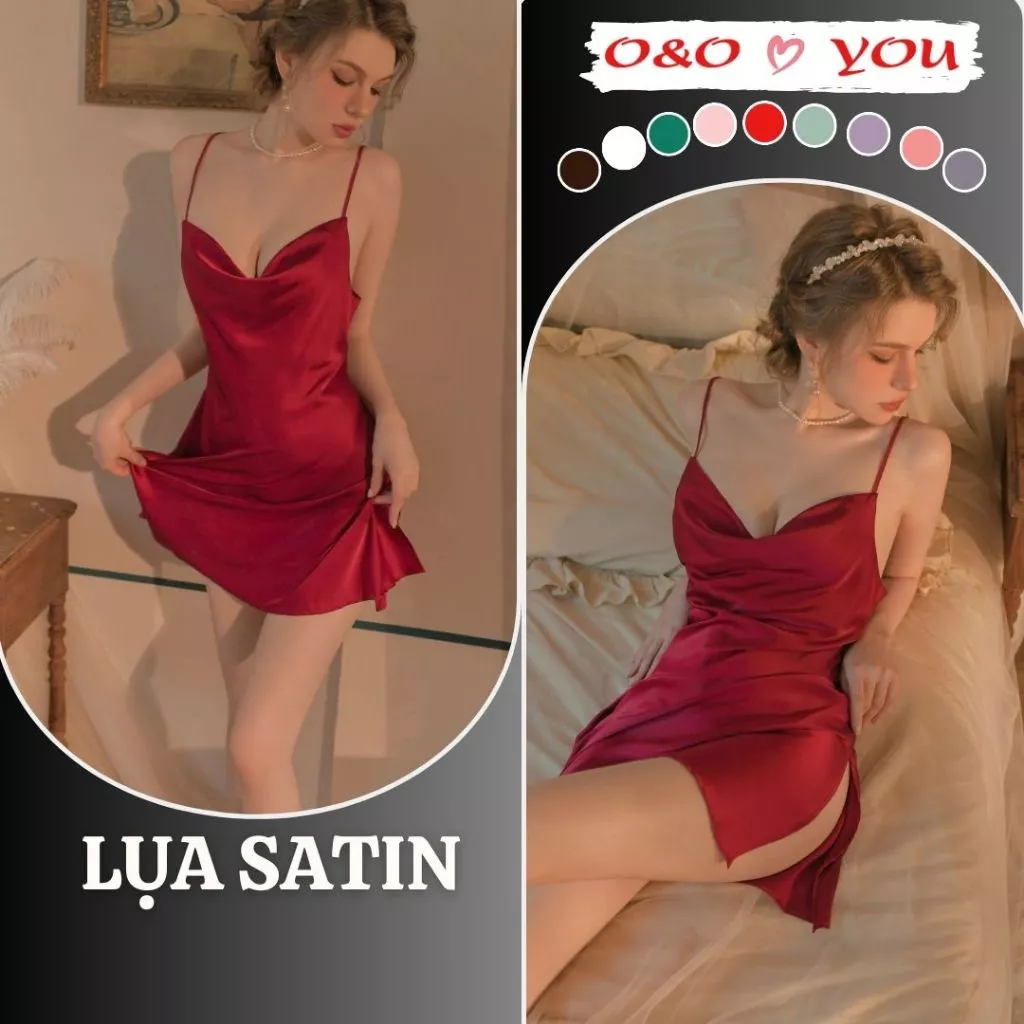 Váy ngủ lụa cổ đổ 2 dây xẻ tà 1 bên, váy ngủ lụa 2 dây cao cấp quảng châu cao cấp A25588 O&O