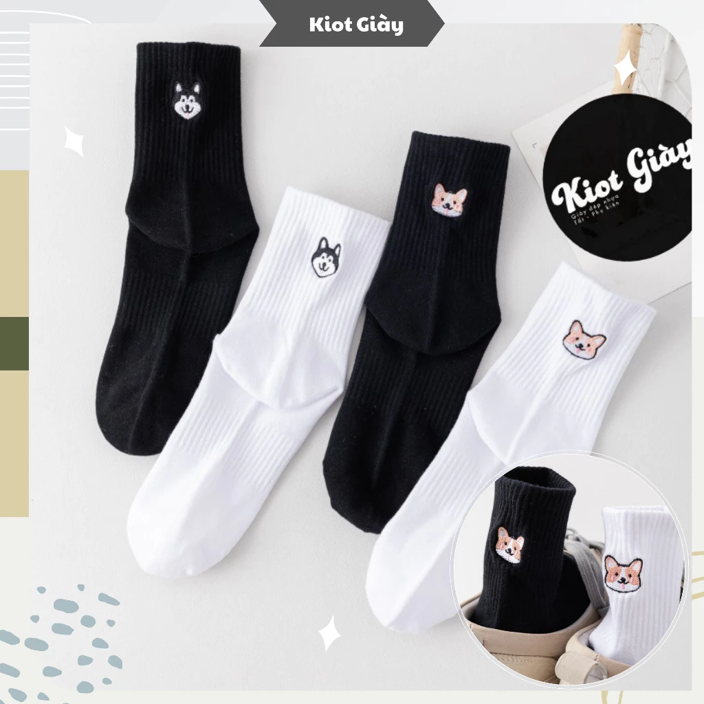 Tất cổ cao hoạ tiết icon chó Corgi, Husky - Vớ nam nữ chất liệu cotton dày dặn cao cấp