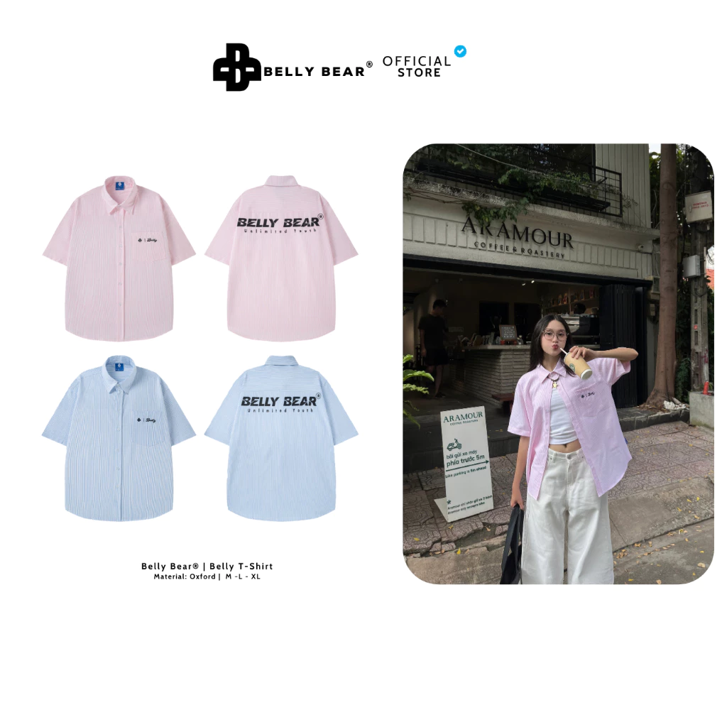 Áo Sơ Mi Tay Ngắn Kẻ Sọc 𝗕𝗘𝗟𝗟𝗬 𝗕𝗘𝗔𝗥 Form Rộng Oversize Unisex