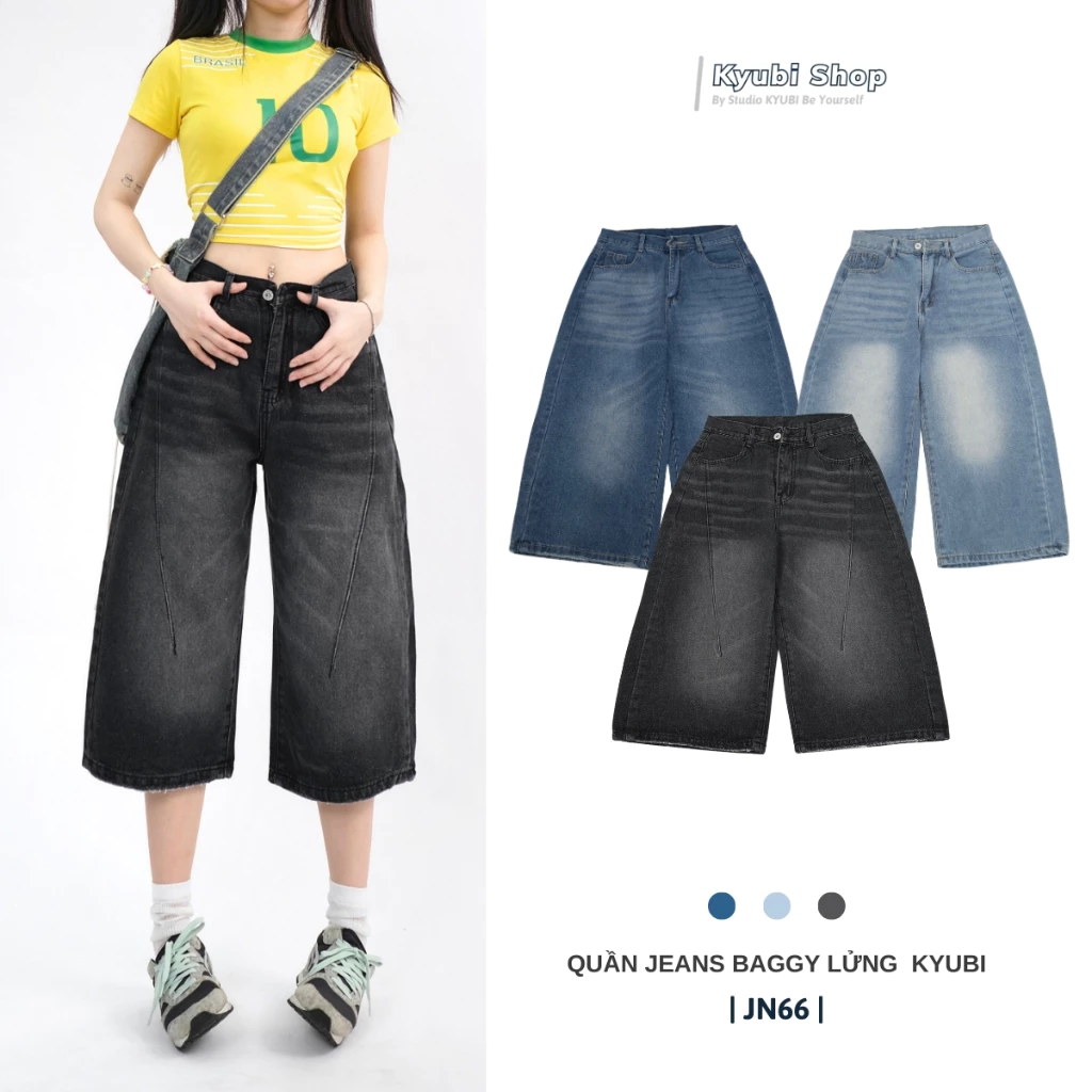 Quần jeans short lửng baggy denim Kyubi có túi trơn màu dirtwash phong cách hiphop unisex dáng wide fit - JN66