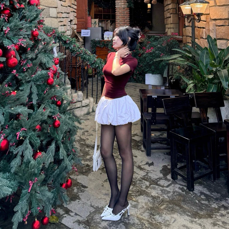 [ 𝐁𝐔𝐑𝐆𝐔𝐍𝐃𝐘 - 𝐓𝐄𝐓 ] Set váy bí trắng - áo bbtee giữ nhiệt cổ cao 3 phân phong cách basic