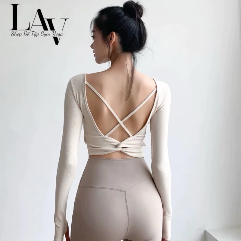 Áo tập gym, yoga, thể thao dài tay hở lưng co giãn có đệm mút - TLActivewear