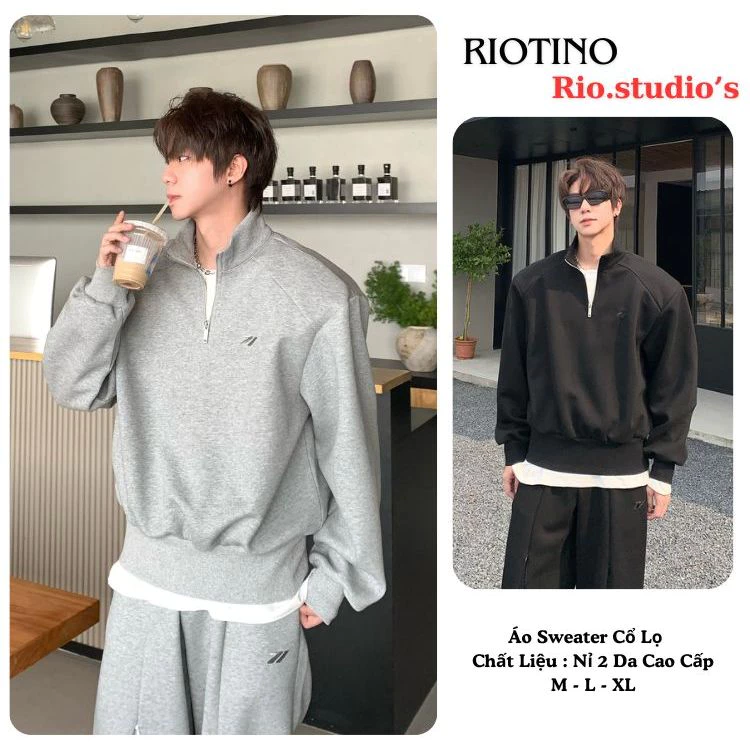 Áo Sweater Cổ Lọ ZIP RIOTINO Vải Nỉ 2 Da Có Khoá Cổ Tay Dài Form Rộng Unisex Menswear Phong Cách Hàn Quốc Năng Động PL01