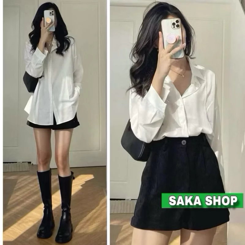 Áo sơ mi trắng nữ tay dài from rộng vải cotton lạnh Hàn công sở đi học đi làm không nhăn mát mịn