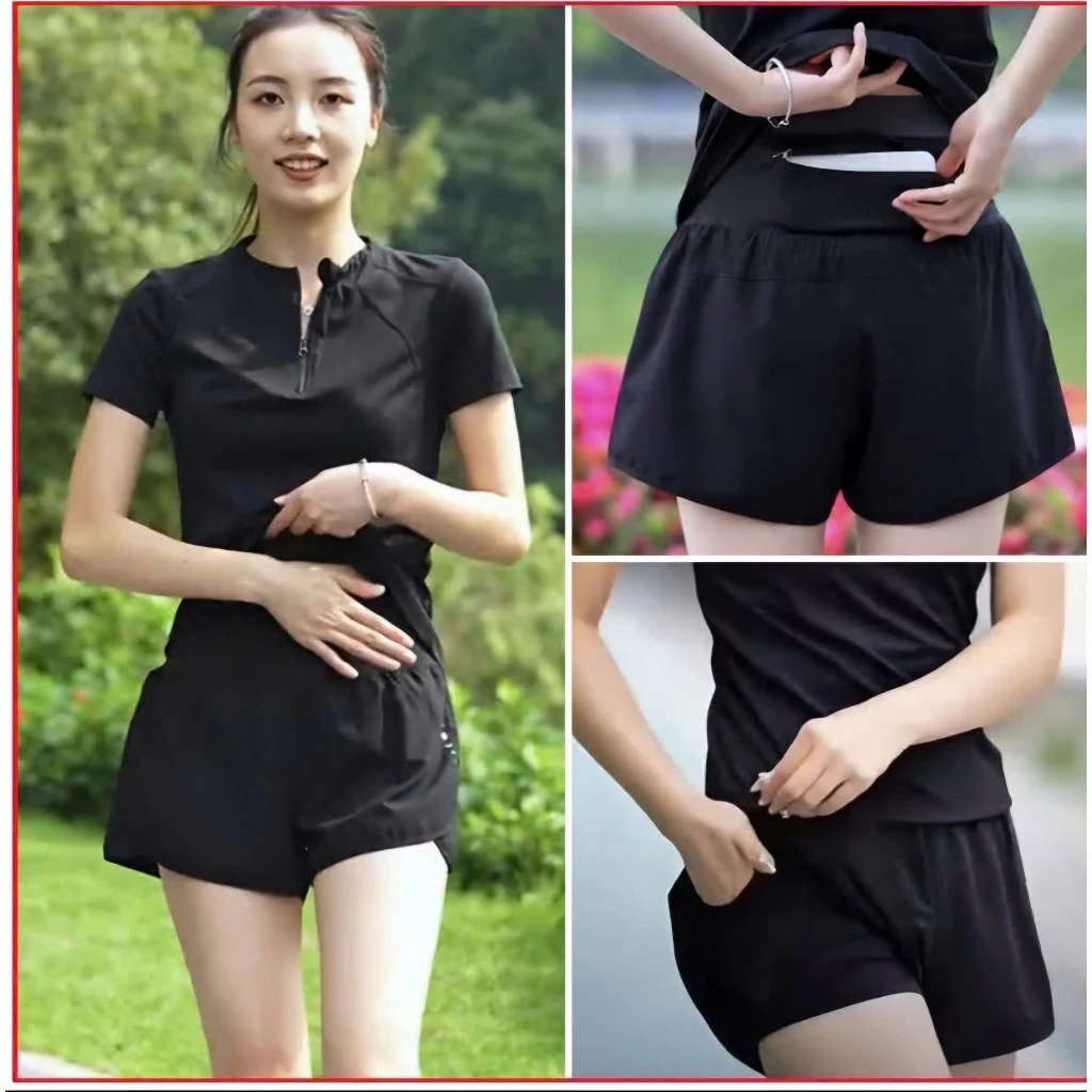 Bộ Tập Gym, Yoga Nữ, Quần Áo Tập Gym Yoga Aerobic Nữ Dáng Đẹp Áo Cộc Tay kín bụng Quần Đùi 2 lớp có túi(NG09)