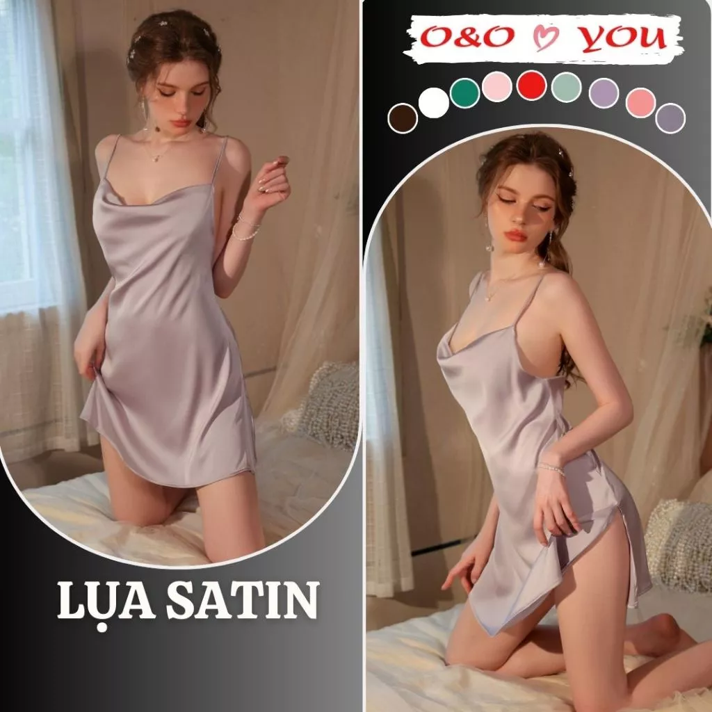 Váy ngủ 2 dây chất lụa ngọc trai cao cấp kiểu cổ đổ, xẻ tà sang trọng quyến rũ A25588 O&O