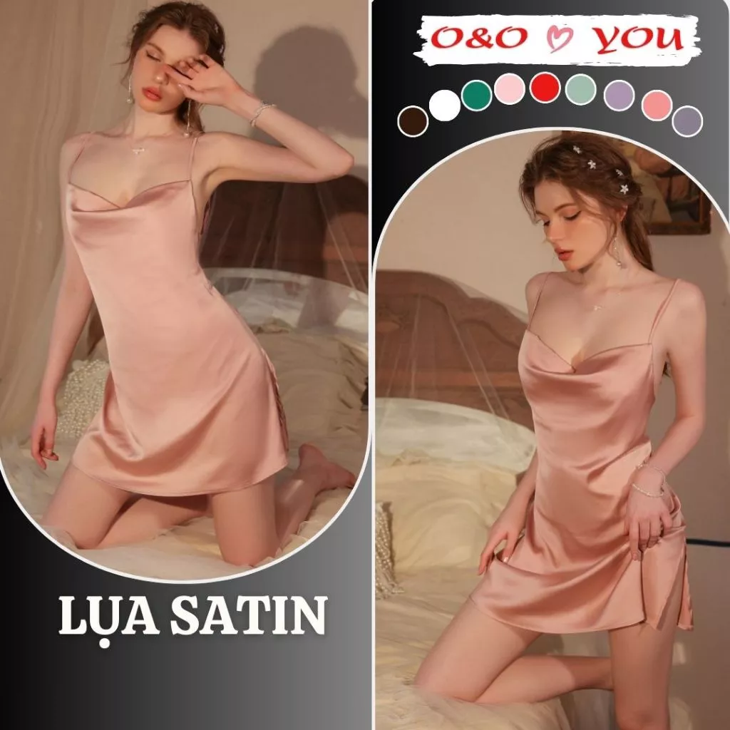 Váy ngủ 2 dây dáng chữ A cổ đổ xẻ tà chất liệu lụa Satin trơn bóng cao cấp A25588 O&O