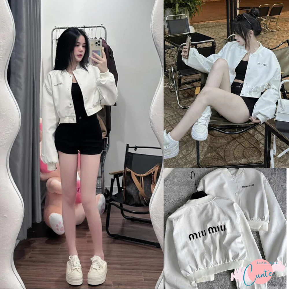 Áo khoác da MUI MUI dáng croptop basic trẻ trung năng động, áo bomber nữ da hai lớp dày dặn cao cấp